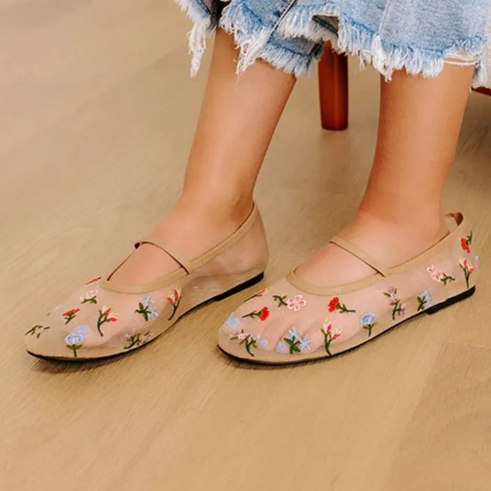 Atalina Embroidered Floral Mesah Mary Jane Flats - Nude/Blush - NWT - Picture 4 of 10